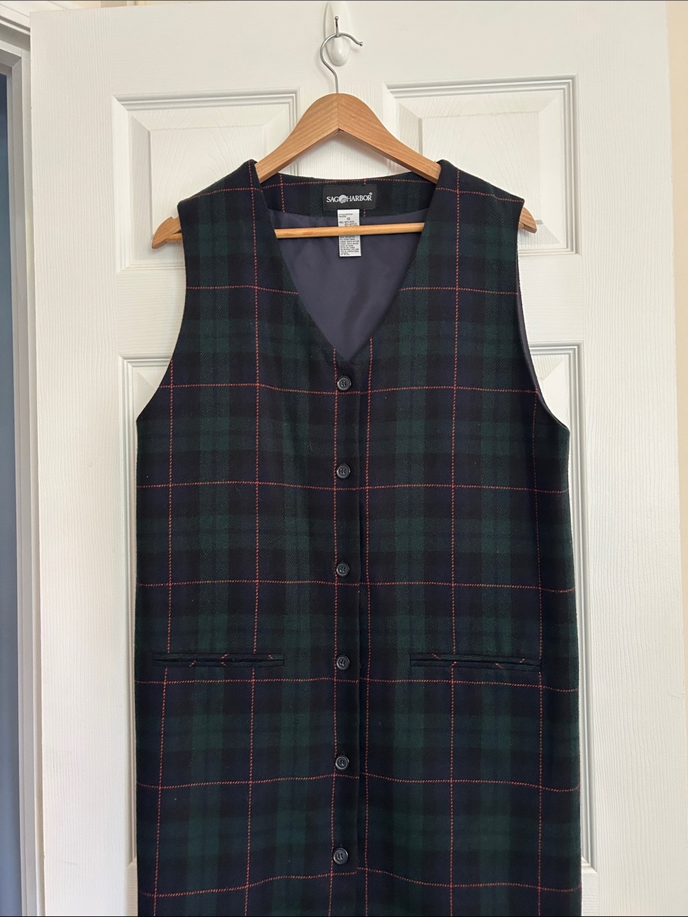 Vintage Sag Harbor Black, Navy, & Dark Green Plaid Midi Jumper Dress, size 12
